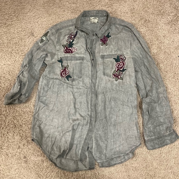 FOR THE REPUBLIC LONG SLEEVE SHIRT EMBROIDERED FLOWERS - Picture 1 of 6
